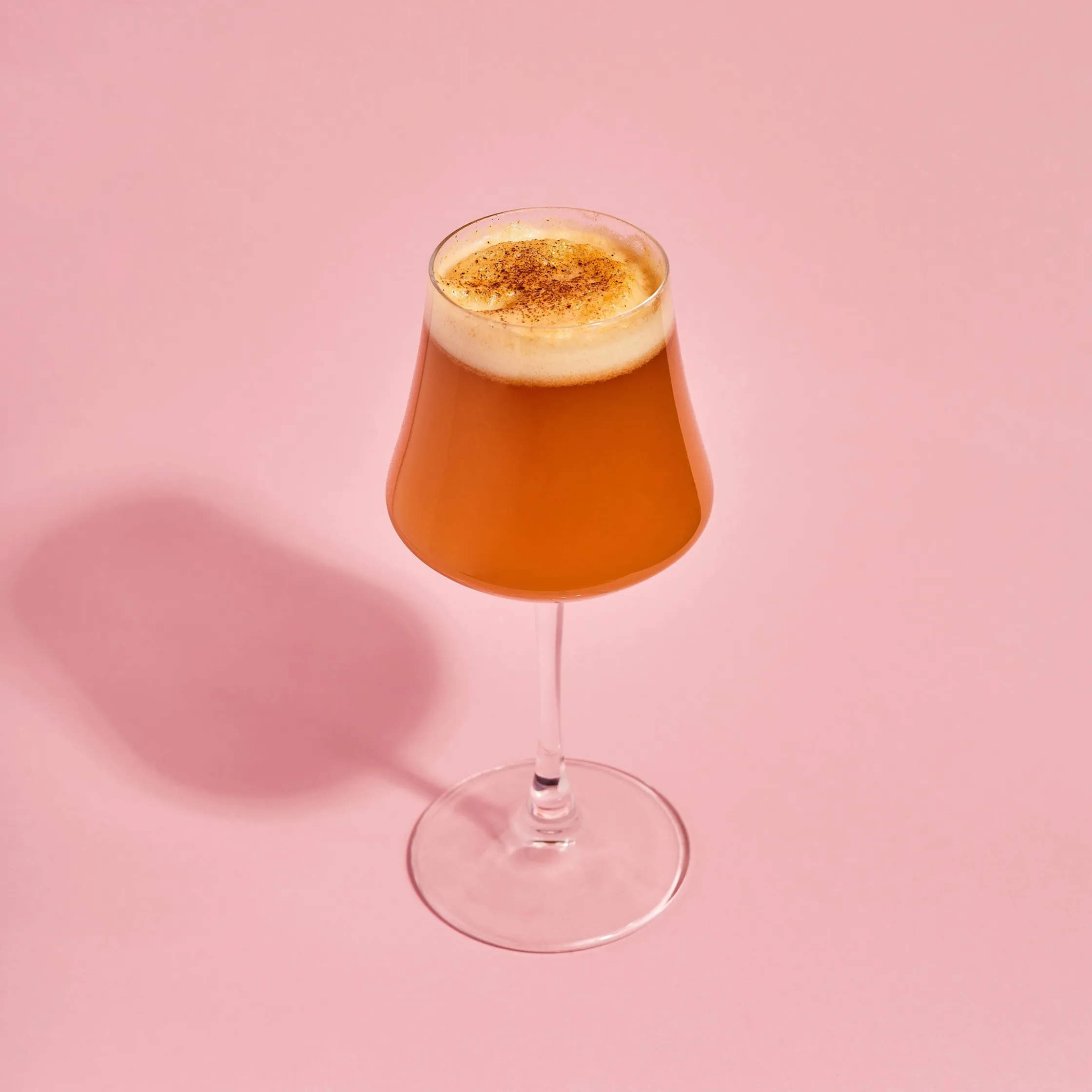 Close-up of an apple cider zero-proof drink with foam and cinnamon sprinkle.